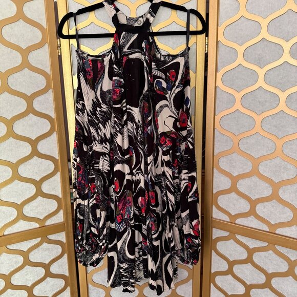 Free People Size M Halter Black Abstract Driftaway Cold Shoulder Tunic Top Dress - Picture 3 of 15